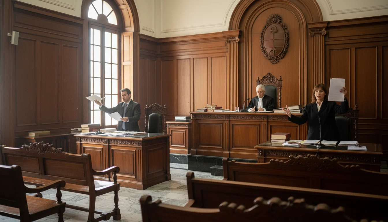 Courtroom scene with judge and lawyers