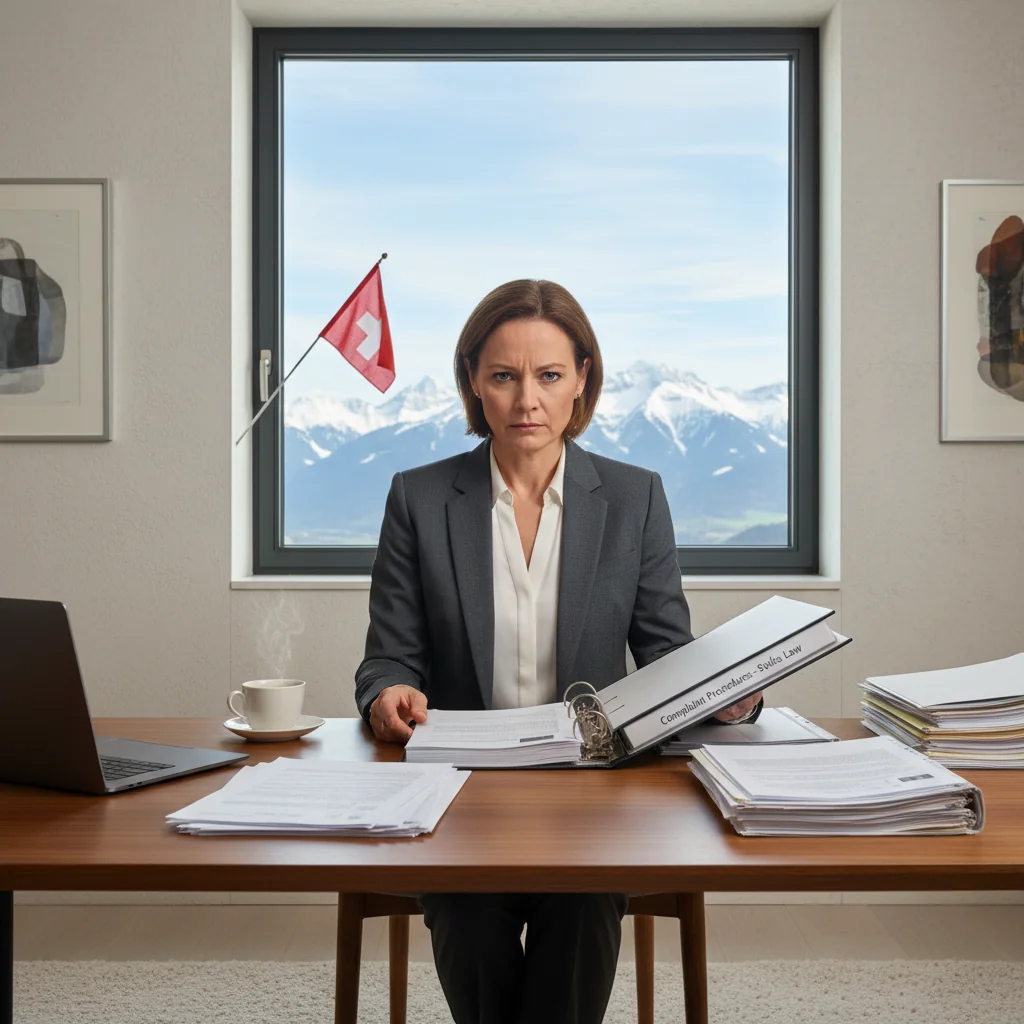 A photorealistic image depicting an adult Swiss citizen in a professional setting, engaging in a formal complaint process, such as consulting with a lawyer or mediator in a modern office in Switzerland, with subtle Swiss flags or alpine elements in the background to evoke legal rights and duties.