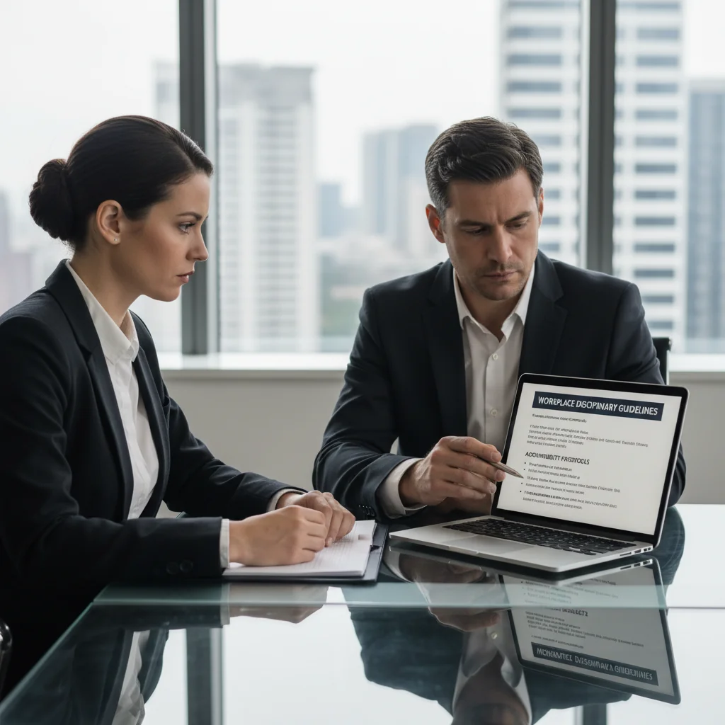 A photorealistic image depicting a professional office setting where an adult employee is discussing disciplinary issues with a manager, symbolizing workplace rules and consequences from a code of conduct, with no children present.