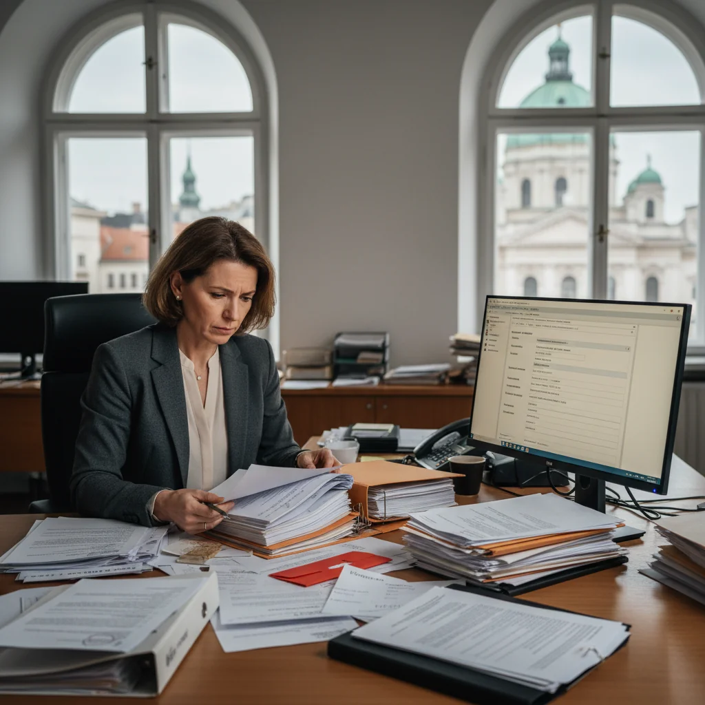 A photorealistic image of a professional office environment in Austria, showing a stressed public servant at a desk in a government building, surrounded by paperwork and a computer, symbolizing common service violations in the public sector, with no people appearing as children and no focus on documents themselves.