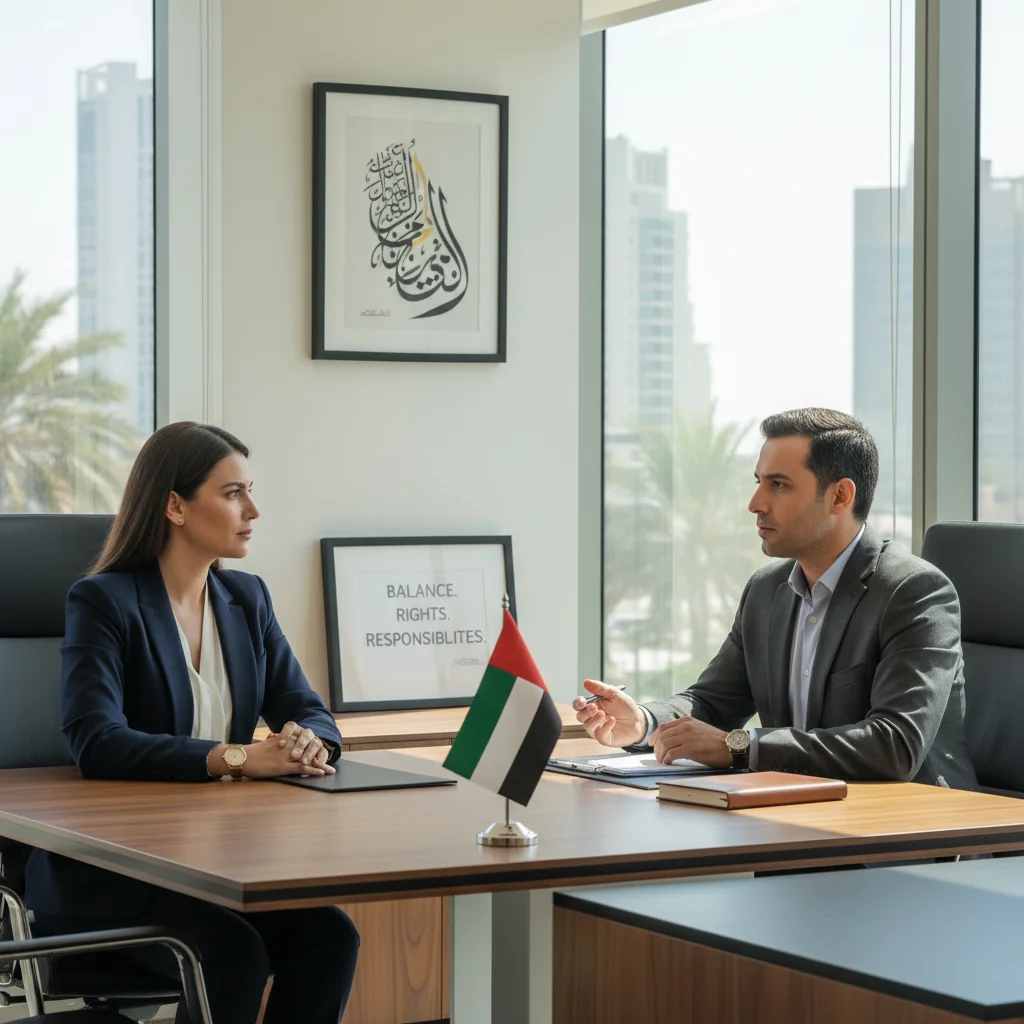 A photorealistic image depicting a professional workplace scene in the UAE, with an adult employee in business attire having a calm discussion with a manager in a modern office, symbolizing disciplinary procedures, rights, and duties. The setting includes UAE cultural elements like a flag or desert view from the window, emphasizing fairness and professionalism. No children are present.