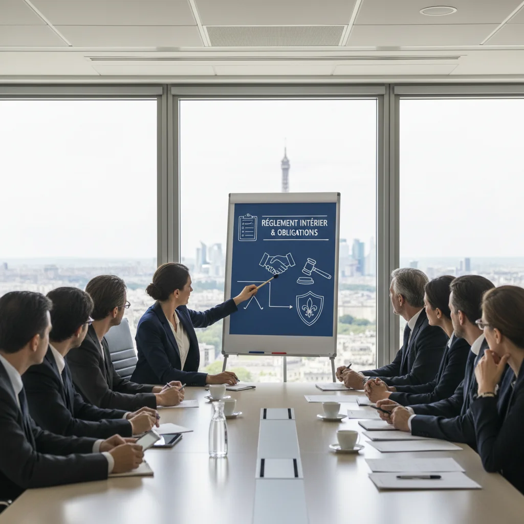 A photorealistic image of a diverse group of professional adults in a modern French office setting, engaged in a collaborative meeting around a conference table, discussing company rules and policies, symbolizing workplace regulations and internal company governance in France, with elements like a French flag subtly in the background, no children present.