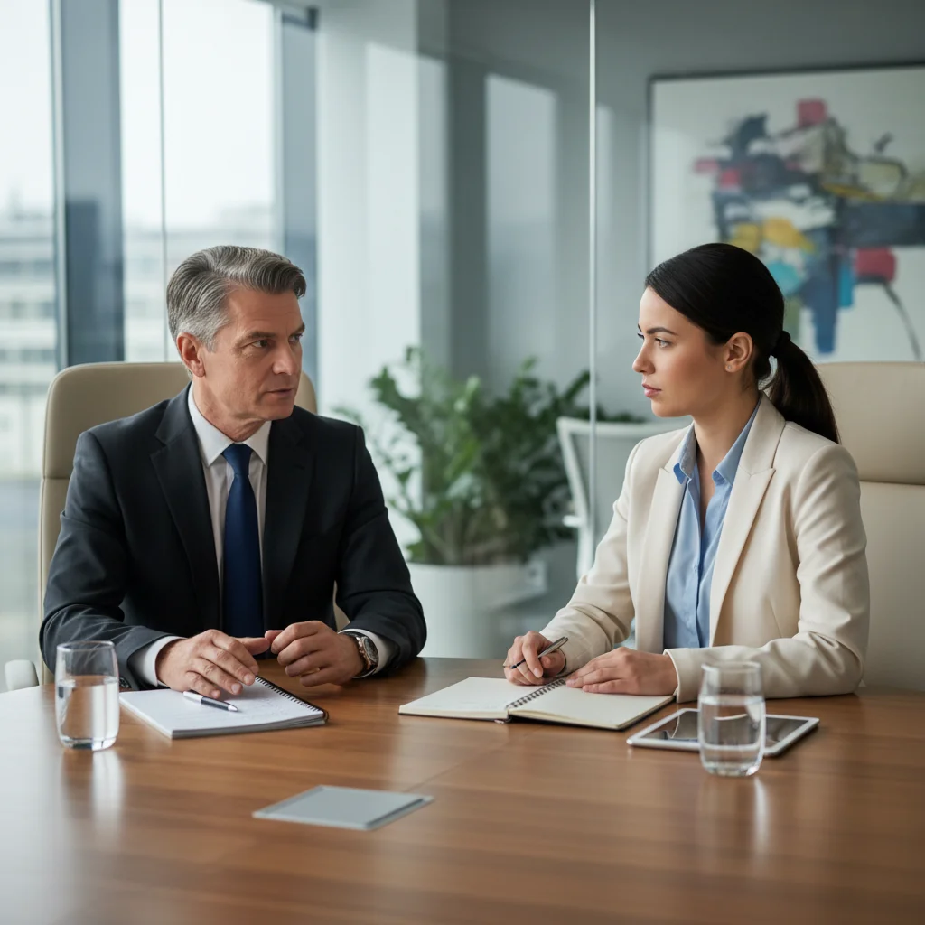 A photorealistic image of a professional office setting where a manager is conducting a fair and structured performance review with an adult employee, symbolizing principles of discipline, accountability, and workplace harmony in a corporate environment.