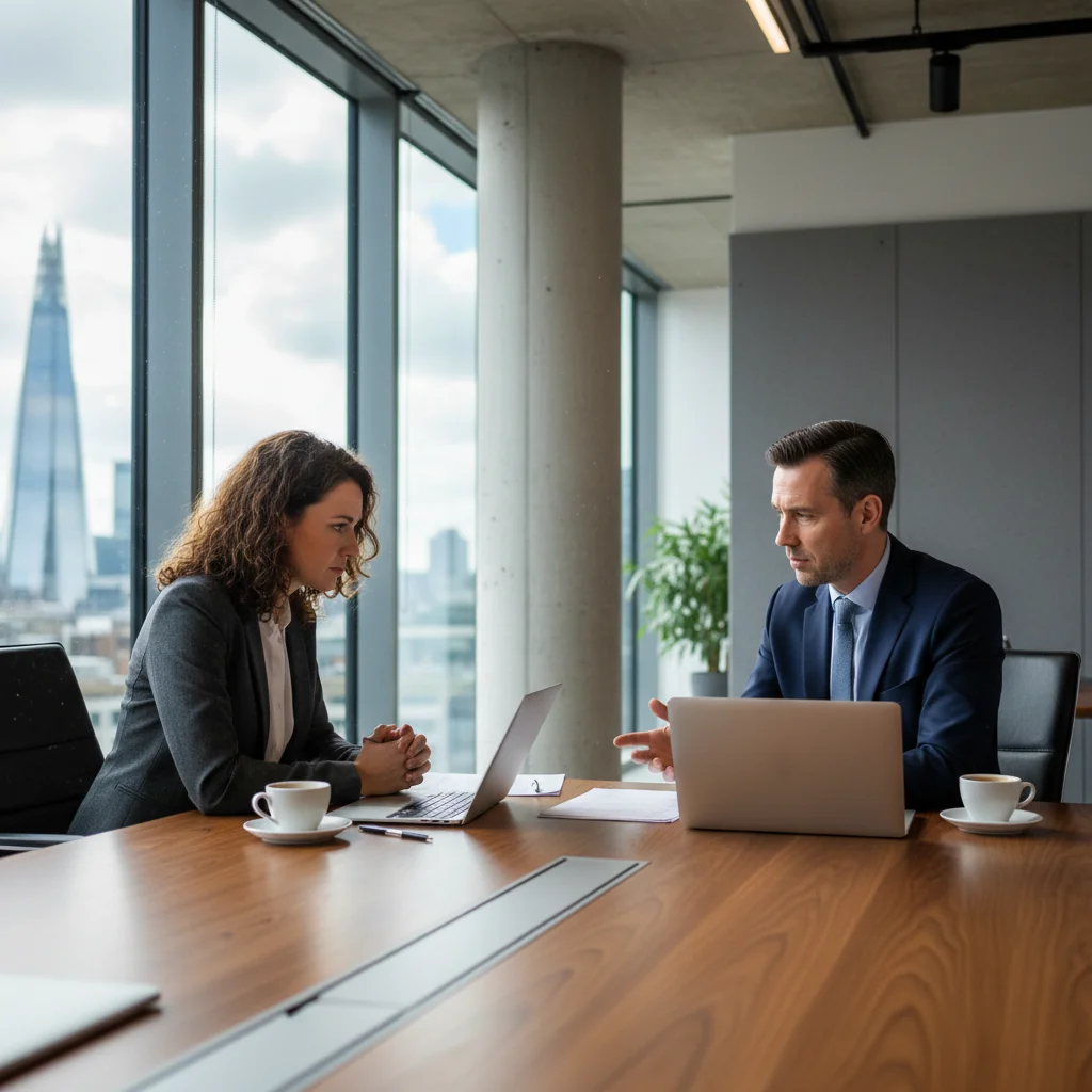 A photorealistic image depicting a professional meeting in a modern UK office where an adult employee and a manager are calmly discussing workplace issues across a desk, with subtle elements like a union flag or legal documents in the background to evoke disciplinary and grievance processes, no children present.