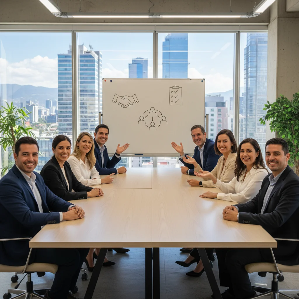 A photorealistic image depicting a diverse group of adult professionals in a modern Mexican office environment, engaged in a collaborative meeting to discuss workplace policies, symbolizing the creation of an effective internal work regulation. The scene shows adults only, no children, with elements like a whiteboard with abstract icons representing rules and harmony, fostering a positive and organized work atmosphere.