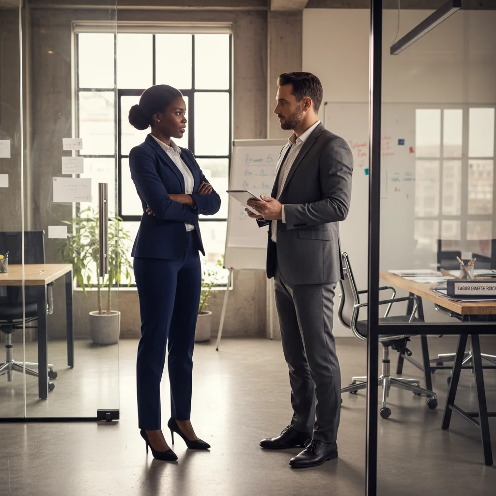 A photorealistic image of a professional adult employee in a modern office setting, looking determined while discussing a labor issue with a colleague or supervisor, symbolizing complaint and reporting in the workplace. No children present.