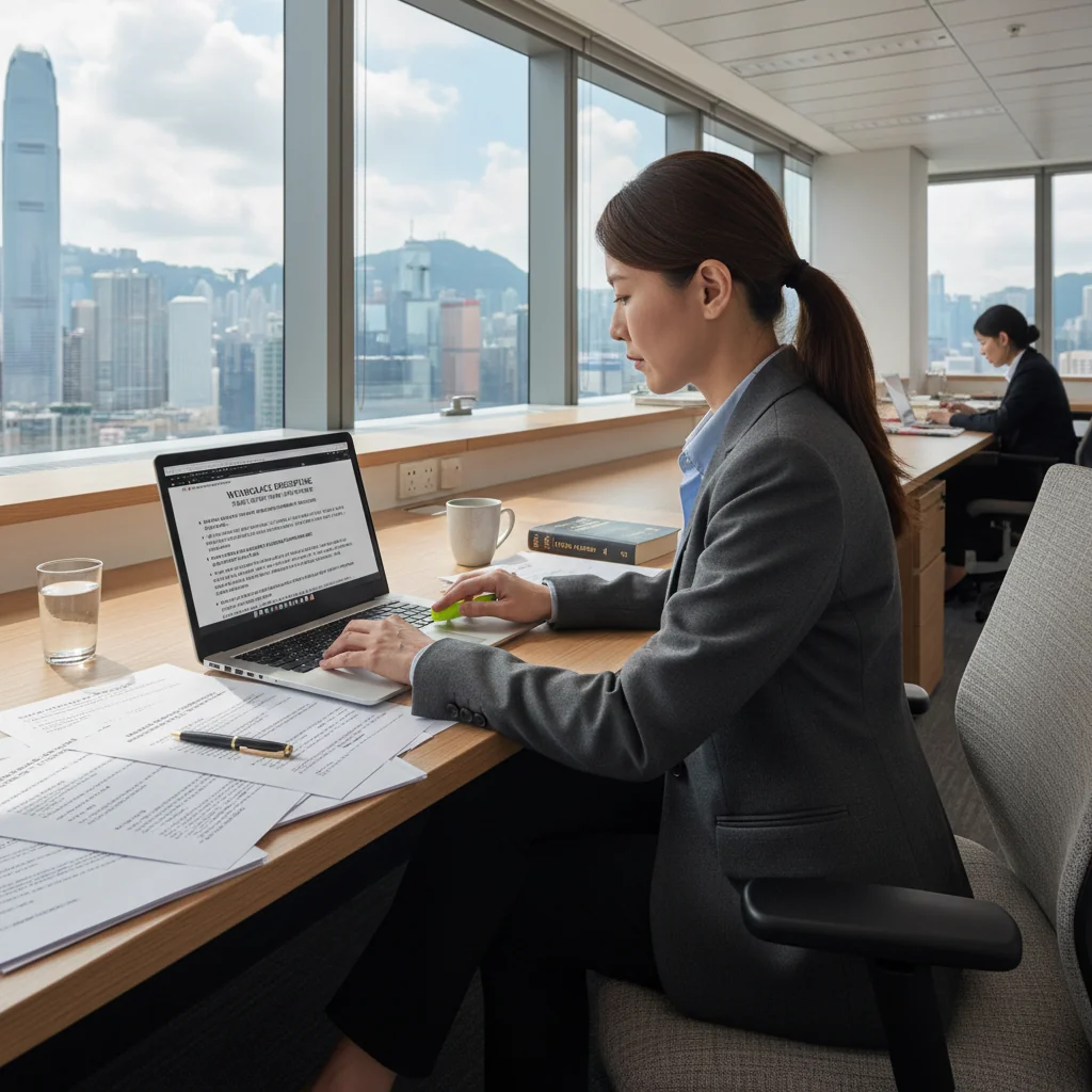 A photorealistic image of an adult employee in a professional office setting in Hong Kong, looking thoughtful while reviewing workplace policies on a computer, symbolizing labor rights, discipline, and appeal processes under Hong Kong labor law. The scene includes modern office elements like a desk, city skyline view, and no children present.