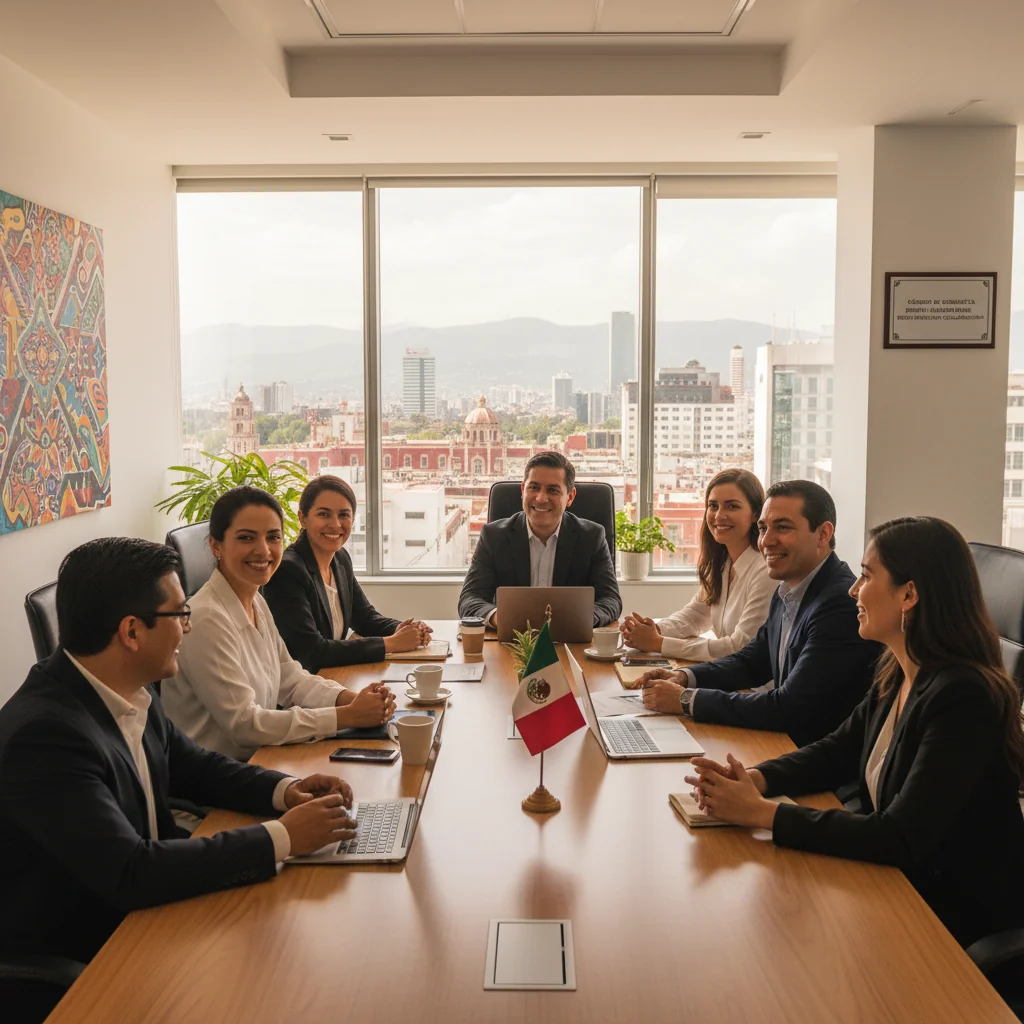 A photorealistic image representing workplace harmony and compliance in a Mexican office environment, featuring diverse adult professionals collaborating at a modern desk with subtle Mexican cultural elements like a flag or traditional decor in the background, evoking the essence of internal work regulations without showing any documents.