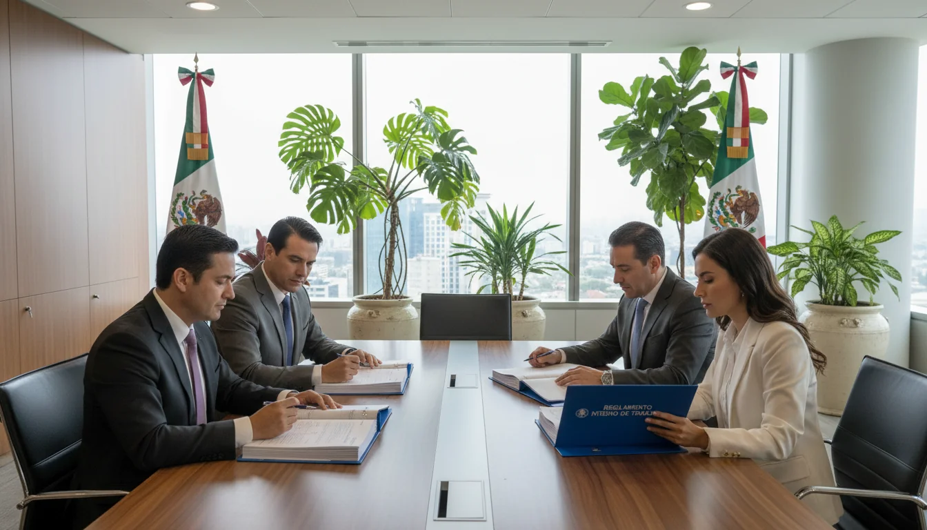 Mexican office workers reviewing documents