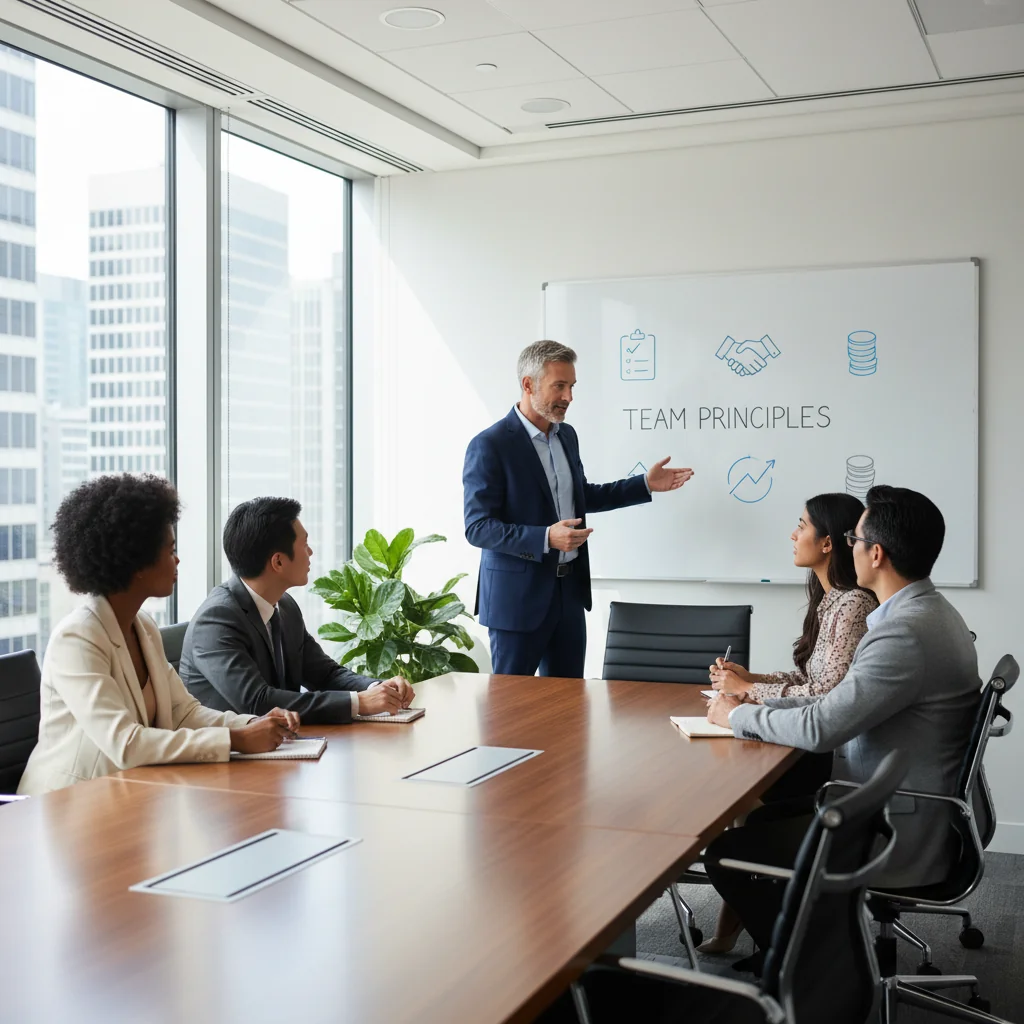 A photorealistic image of a professional business meeting in a modern corporate office, where a manager is calmly discussing workplace policies with a group of adult employees around a conference table, emphasizing discipline and compliance in a positive work environment.
