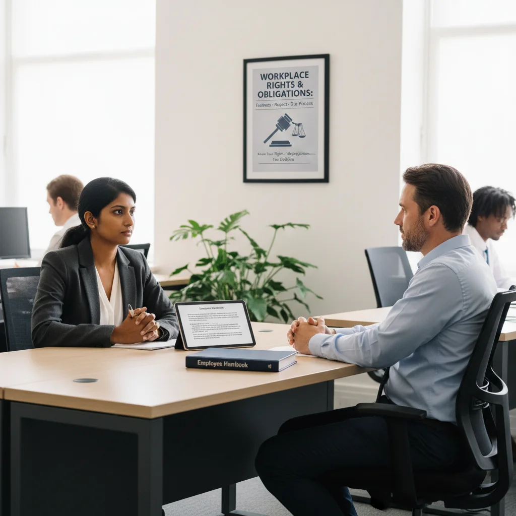 A photorealistic image depicting a professional setting where an adult employee is discussing workplace concerns with a supervisor in a modern office environment, symbolizing rights and obligations in disciplinary procedures, with no children present.