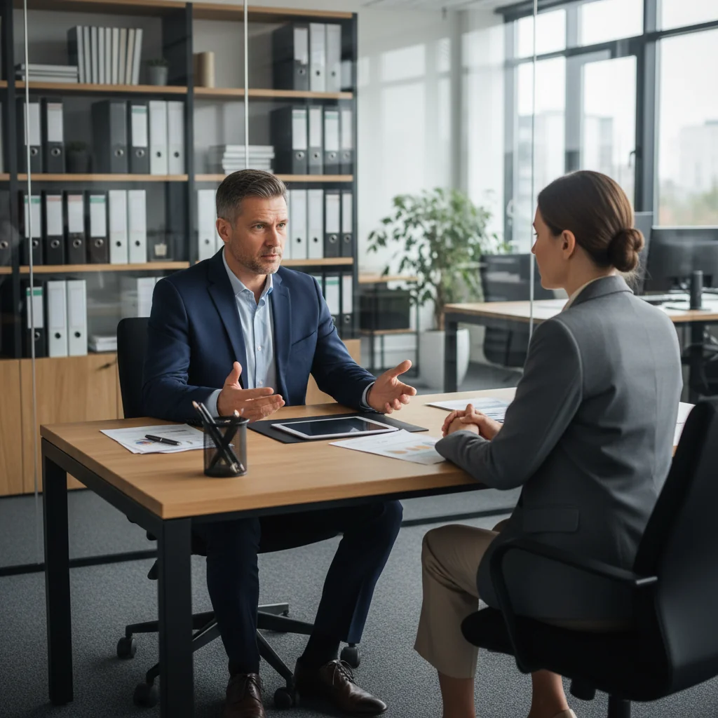 A professional adult in a formal office setting, calmly discussing a concern with a colleague across a desk, symbolizing the process of presenting complaints according to disciplinary regulations. The scene conveys fairness, dialogue, and resolution in a workplace environment.