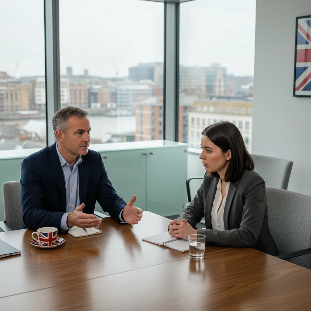 A photorealistic image depicting a professional meeting in a modern UK office, where a manager and an employee are engaged in a calm discussion about workplace policies, symbolizing disciplinary procedures. The scene includes diverse adults in business attire, seated at a conference table with subtle UK elements like a Union Jack flag in the background. No children are present.