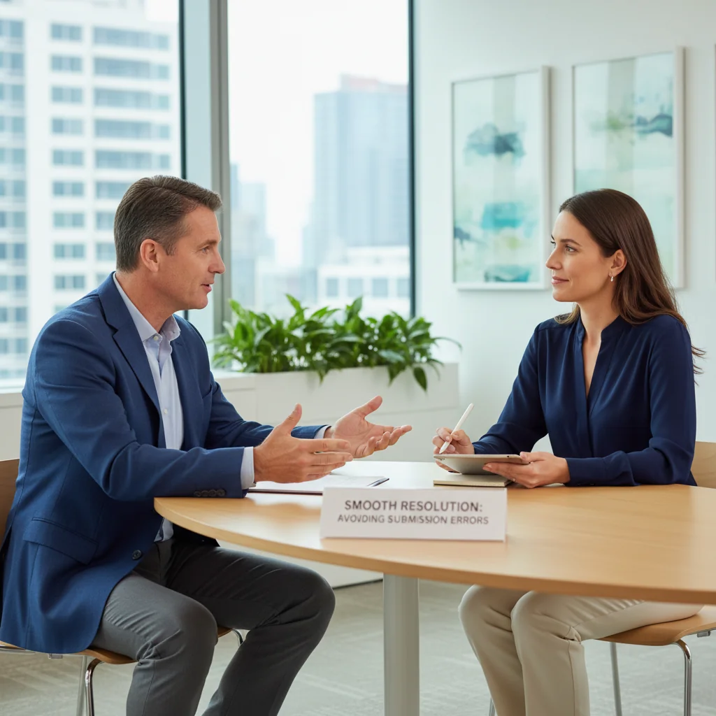 A photorealistic image of a professional adult customer in a modern office setting, calmly discussing a complaint with a customer service representative at a desk, symbolizing effective complaint handling without common mistakes. The scene conveys resolution and professionalism, with no children present.