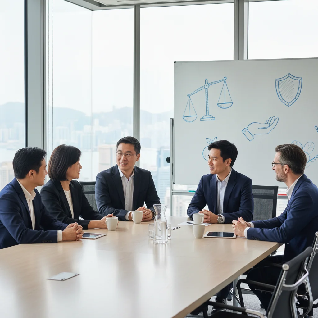 A photorealistic image of a diverse group of adult professionals in a modern Hong Kong office setting, engaged in a constructive discussion about workplace rights and dispute resolution. They are adults only, no children present, looking empowered and collaborative, with subtle Hong Kong skyline in the background through office windows, conveying themes of employee protection and fairness in disciplinary procedures.