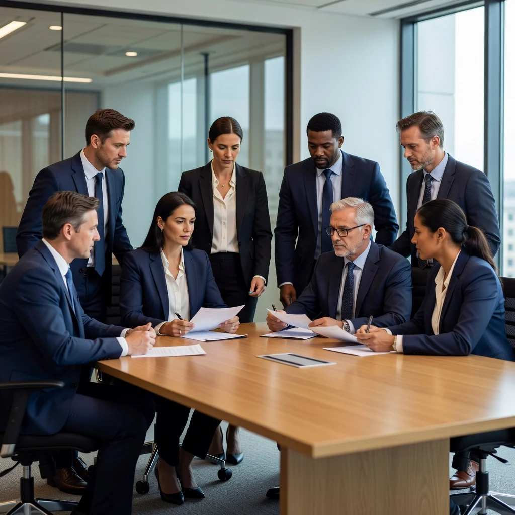 A photorealistic image depicting a professional meeting in a modern office where adults are calmly discussing workplace issues, symbolizing fair disciplinary and grievance resolution. The scene shows diverse professionals at a conference table, with expressions of attentiveness and respect, no children present.