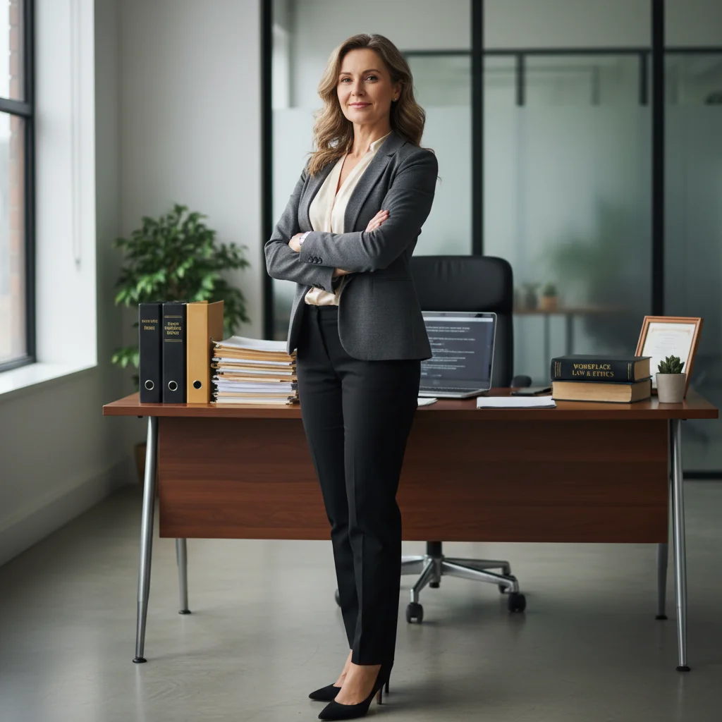 A photorealistic image depicting an adult employee in a professional office setting, standing confidently with arms crossed, looking empowered and informed about workplace rights, surrounded by subtle elements like a desk with legal documents in the background, conveying a sense of protection and justice in labor disputes, no children present.