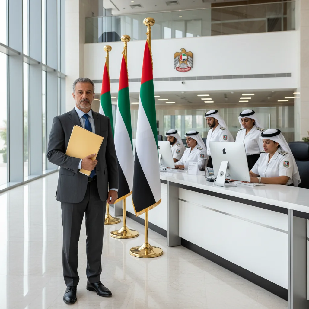 A photorealistic image depicting a professional adult individual in a modern UAE government office setting, symbolizing the process of submitting a disciplinary complaint. The scene shows the person confidently approaching a reception desk or official counter with a folder in hand, surrounded by elements like UAE flags, government signage, and professional staff, conveying authority, justice, and administrative procedure. No children are present in the image.