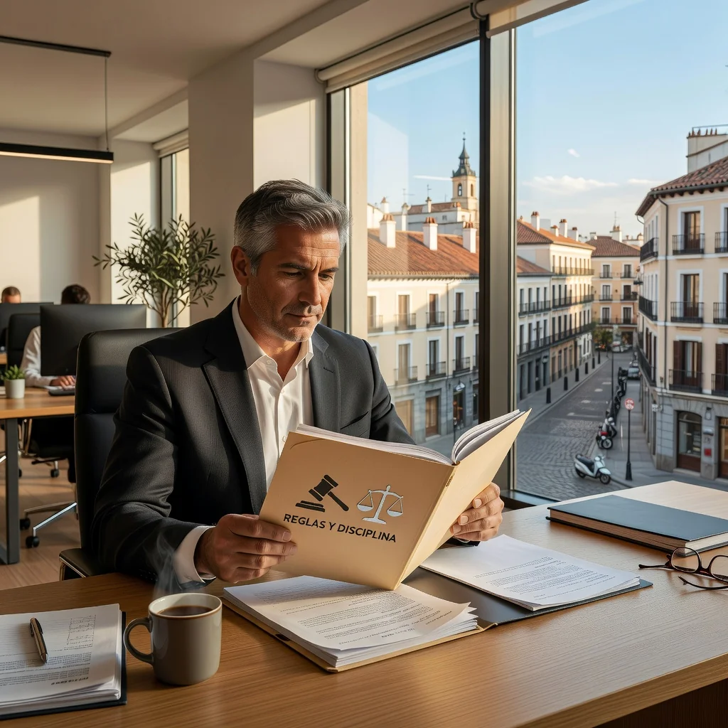 A photorealistic image representing the purpose of a disciplinary regulation guide in Spain, showing a professional adult in a modern Spanish office setting, reviewing guidelines with a serious expression, symbolizing compliance and order in the workplace.