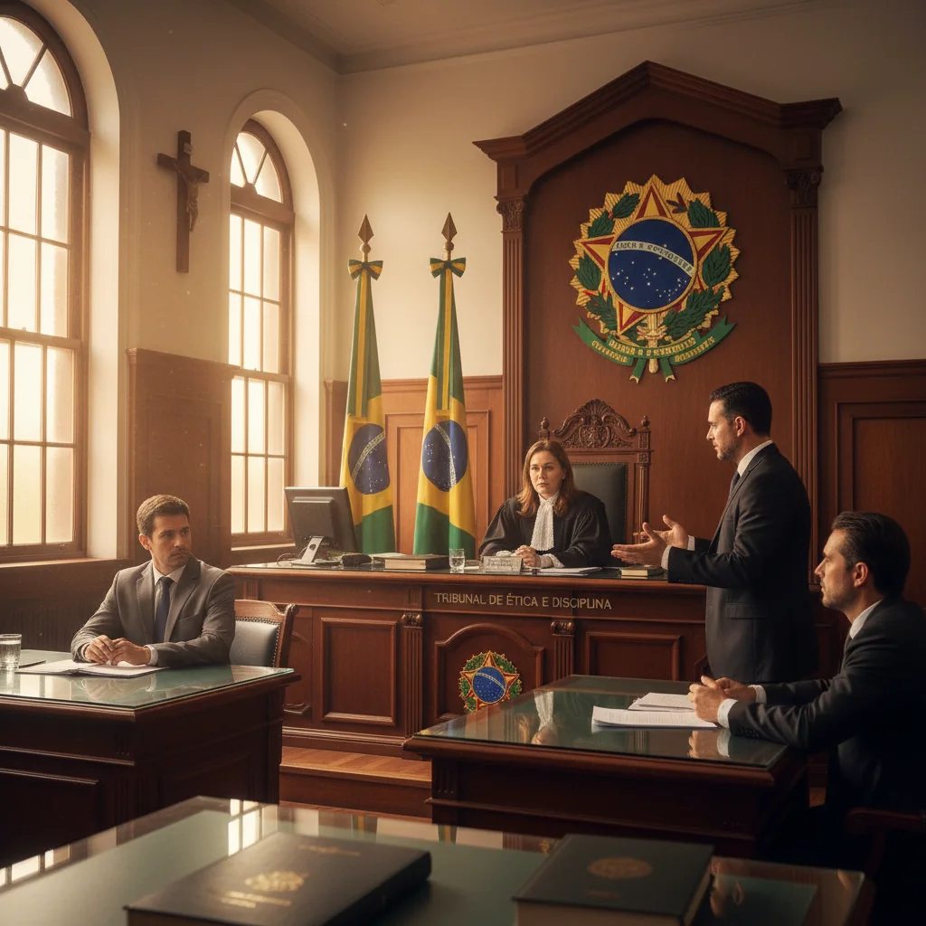 A photorealistic image depicting a professional courtroom scene in Brazil, with an adult judge in robes presiding over a disciplinary hearing, surrounded by adult lawyers and a defendant in business attire, emphasizing justice, rules, and penalties in a formal setting, no children present.