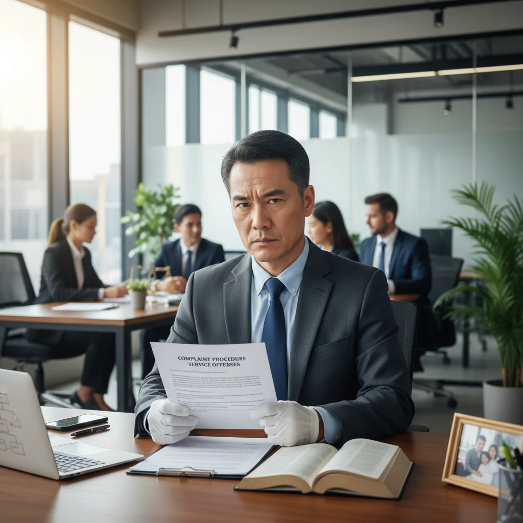 A photorealistic image of an adult professional in a modern office setting, looking concerned while reviewing a formal complaint document about workplace misconduct, symbolizing rights and duties in disciplinary procedures. No children present.