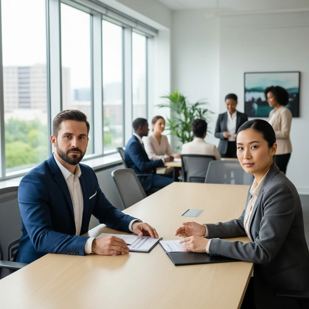 A photorealistic image depicting a professional meeting in a modern office where an HR manager is calmly discussing disciplinary procedures with an adult employee, emphasizing rights and fairness, with no children present and no documents visible.