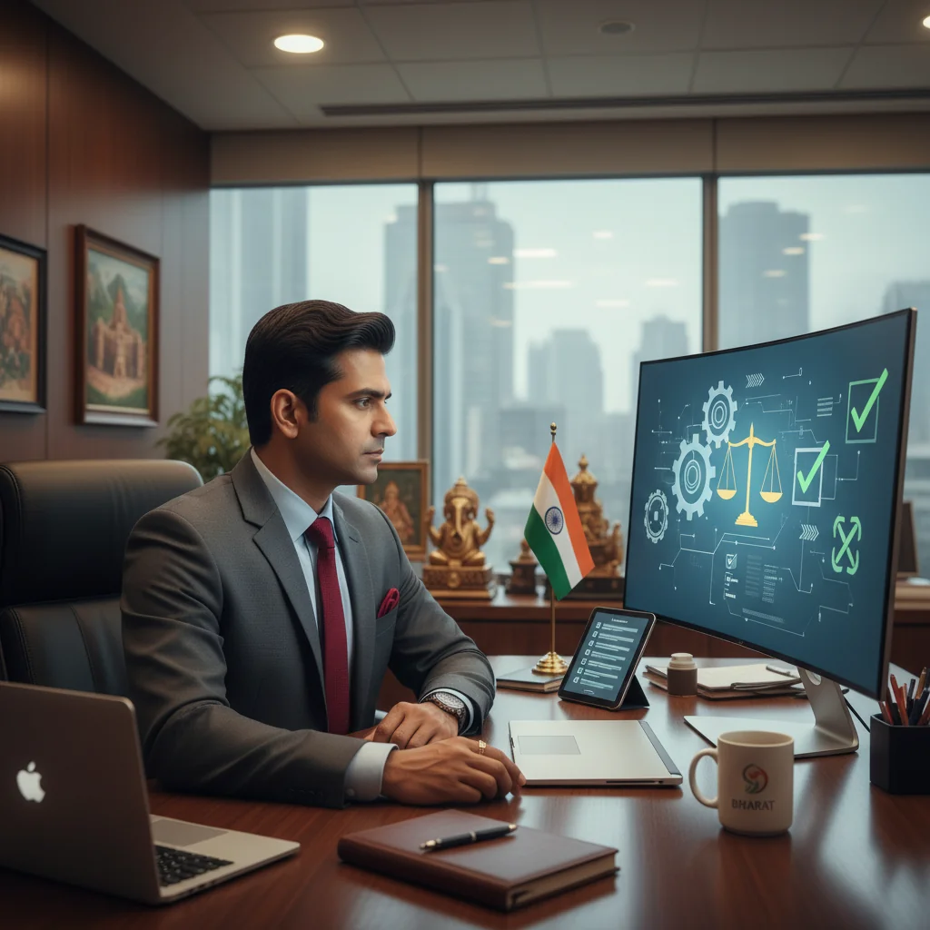 A photorealistic image of a professional adult in a formal office setting, reviewing disciplinary procedures on a computer screen with a serious expression, symbolizing adherence to rules and order in an Indian workplace. No children present.