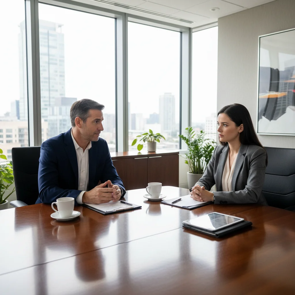 A photorealistic image depicting a professional HR meeting in a modern office, where a manager is calmly discussing disciplinary procedures with an adult employee, emphasizing fairness and resolution in workplace conduct.