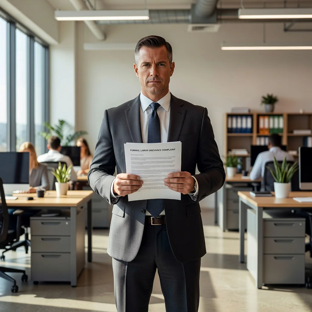 A photorealistic image of a determined adult professional employee in a modern office setting, standing confidently and holding a formal letter or document symbolizing a labor complaint, conveying empowerment and justice in the workplace. No children are present in the image.