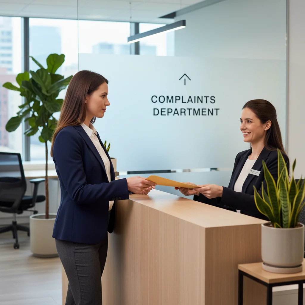 A photorealistic image of a determined adult professional woman in a modern office setting, confidently submitting a formal complaint document to a receptionist at a customer service desk, symbolizing the effective presentation of a denunciation or claim procedure. The scene conveys empowerment and resolution without focusing on the document itself.