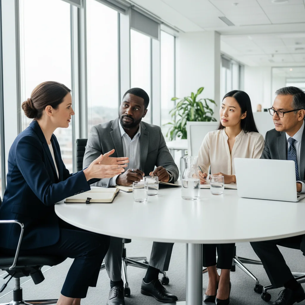 A photorealistic image of a professional business meeting in a modern office, where a diverse group of adult colleagues discusses disciplinary procedures calmly around a conference table, emphasizing avoidance of common mistakes in complaint handling, with no children present.