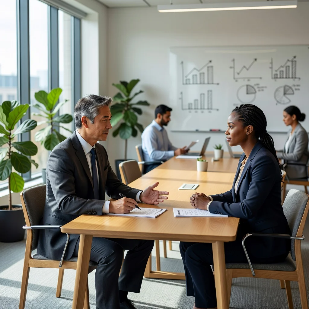 A photorealistic image depicting a professional meeting in a modern office where a manager is calmly discussing performance guidelines with an adult employee, symbolizing fair disciplinary policies, with no children present.