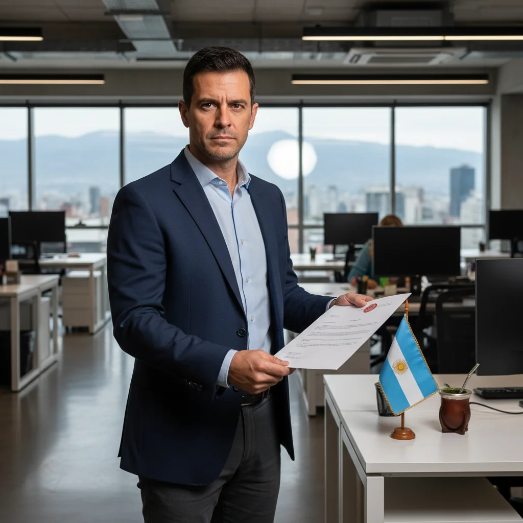 A photorealistic image of an adult professional employee in a modern Argentine office setting, looking determined and confident while holding a formal letter or document, symbolizing the act of filing a workplace complaint. The scene conveys empowerment and justice in a labor context, with subtle Argentine elements like a flag or office decor in the background. No children are present in the image.