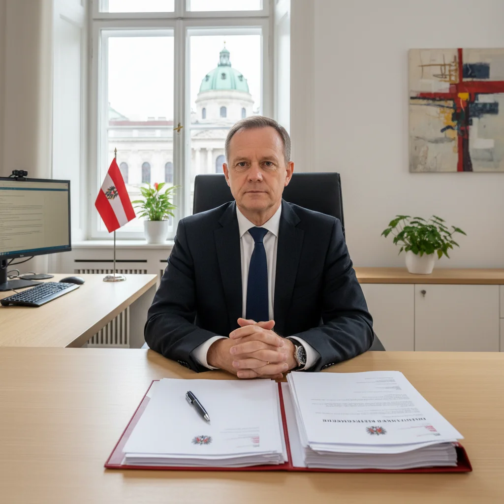 A photorealistic image depicting a professional adult individual in an Austrian office setting, looking determined while reviewing paperwork related to filing a complaint for official misconduct, symbolizing the process of submitting a formal grievance in Austria. No children are present in the image.