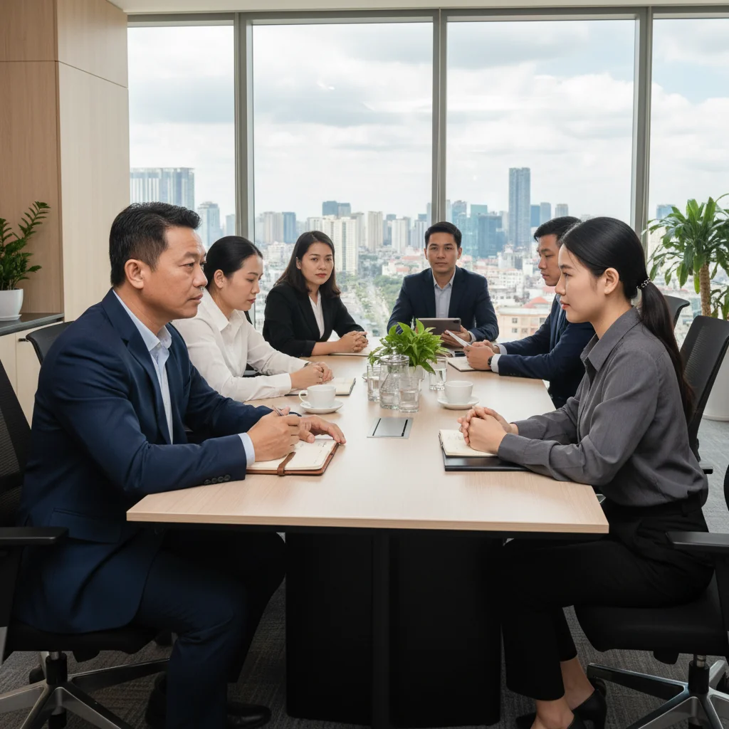 A photorealistic image depicting a professional meeting in a modern Vietnamese office where a manager and employee are calmly discussing labor discipline matters, emphasizing effective resolution and fairness, with no children present.