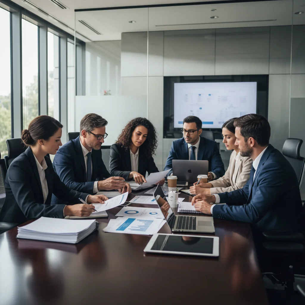 A photorealistic image depicting a professional meeting in a modern office where adults are discussing disciplinary matters and regulations, symbolizing changes in rules and complaints procedures, with no children present.
