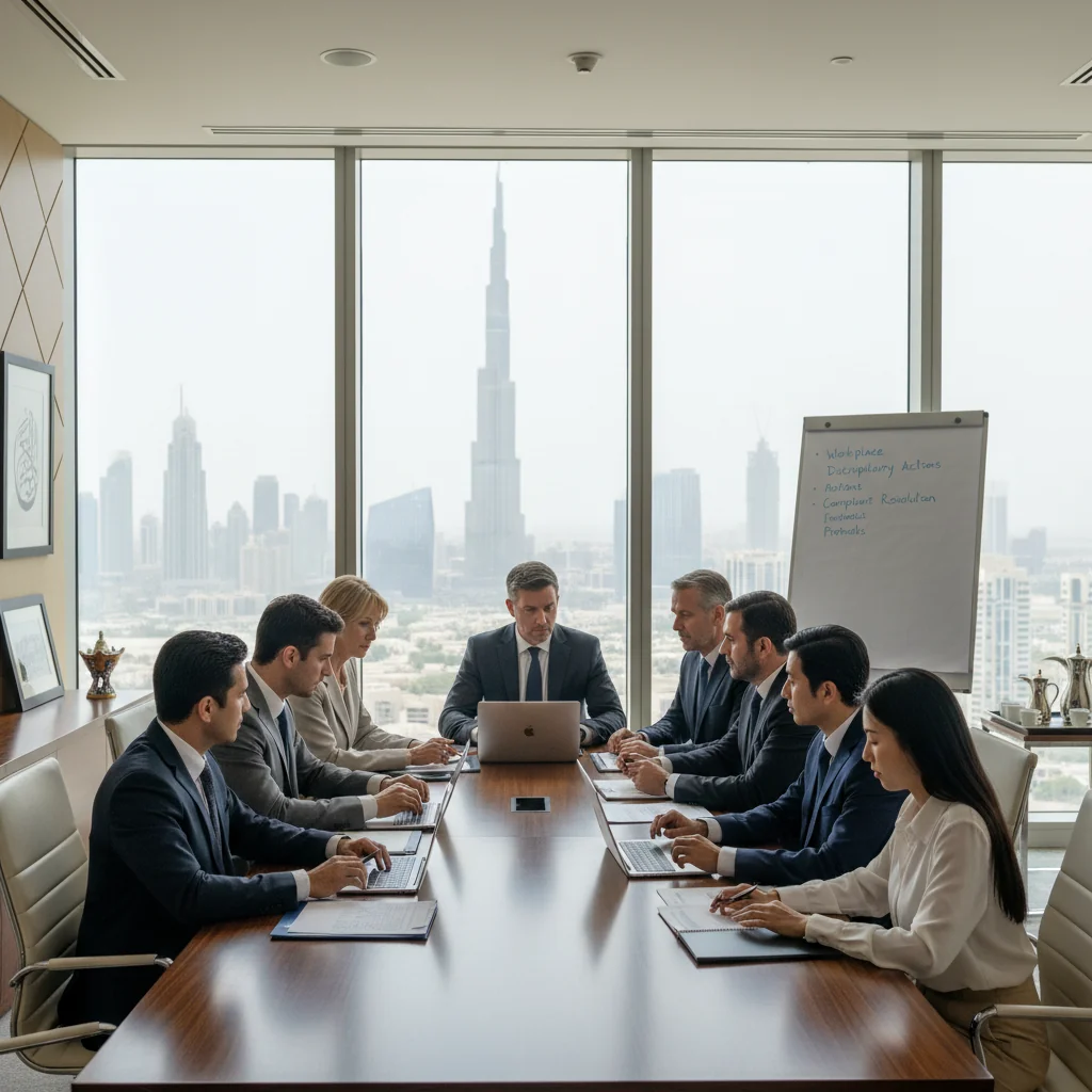 A professional corporate office environment in the United Arab Emirates, featuring diverse adult business professionals in a meeting room discussing disciplinary procedures and handling complaints, with modern office decor and UAE elements like a flag in the background, evoking a sense of fairness and professionalism in corporate governance.