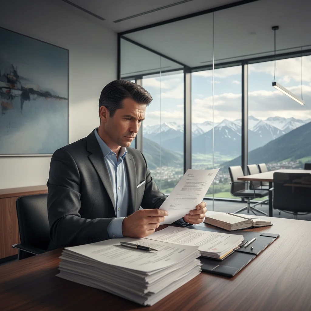 A photorealistic image depicting a professional corporate setting in Austria, showing a business professional in a modern office reviewing legal documents with a concerned expression, symbolizing official misconduct and complaint procedures, with subtle Austrian elements like a flag or Alpine view in the background, no children present.