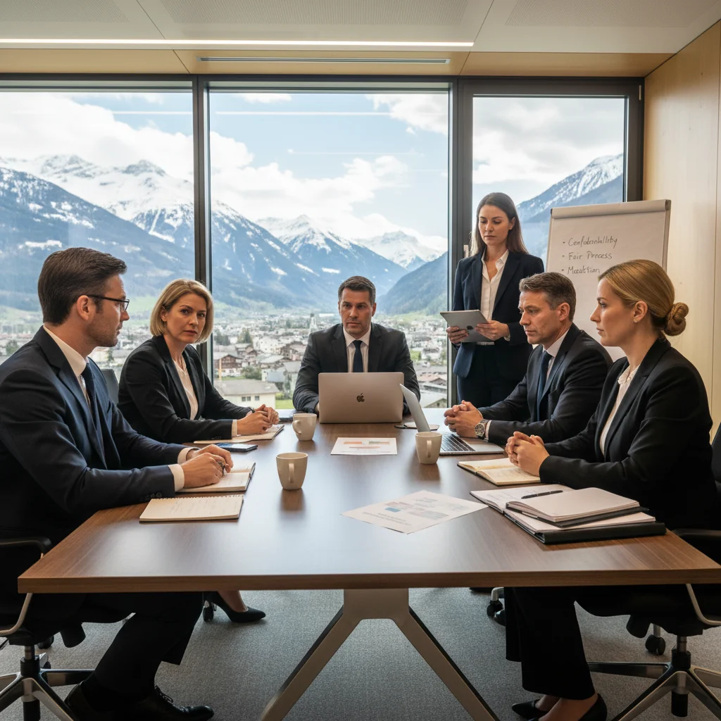 A photorealistic image of a professional business meeting in a modern Swiss corporate office, with adults in suits discussing disciplinary procedures around a conference table, evoking themes of corporate compliance and resolution in Switzerland. No children are present.