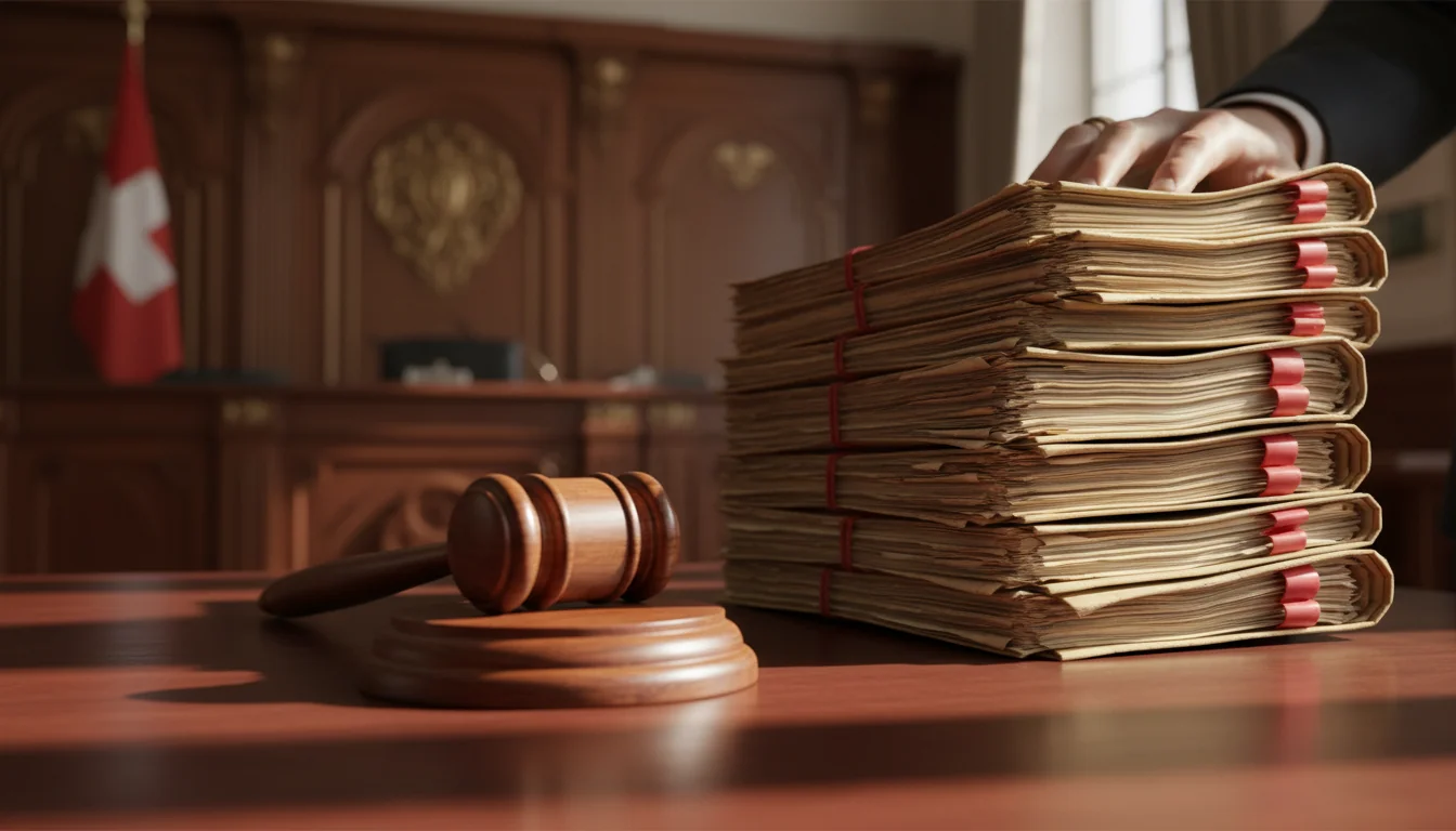 Swiss court gavel and files