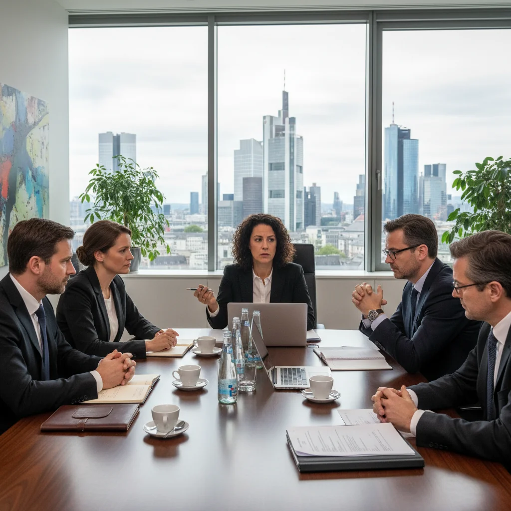 A photorealistic image depicting a professional business meeting in a modern German corporate office, where adults are discussing workplace issues seriously, symbolizing the process of filing complaints and disciplinary procedures in a company setting.