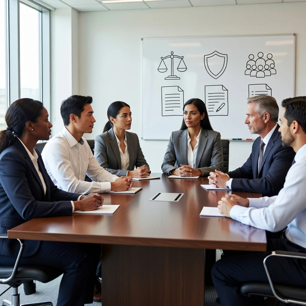 A professional corporate office setting where two adults, a manager and an employee, are engaged in a calm and constructive discussion about workplace issues, symbolizing disciplinary and grievance resolution. The scene shows them sitting at a conference table with neutral expressions, emphasizing fairness and communication in a US corporate environment.