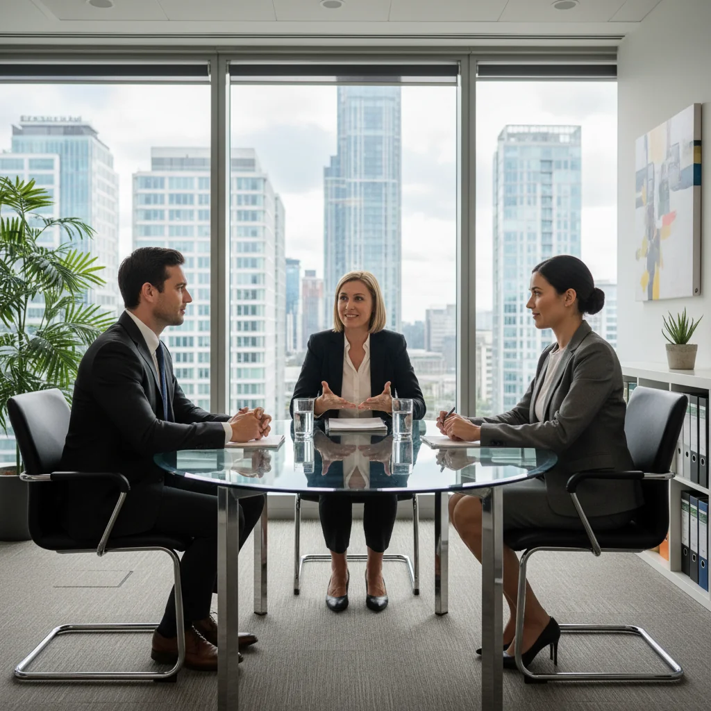 A photorealistic image depicting a professional mediation scene in a modern UK corporate office, showing two adult colleagues in business attire sitting across from each other at a conference table, engaged in a calm discussion with a neutral mediator facilitating, symbolizing fair disciplinary and grievance resolution processes, no documents visible, diverse adult professionals only, no children.