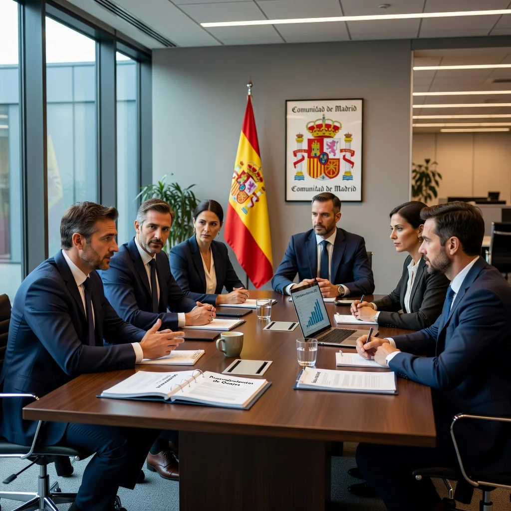 A professional corporate office environment in Spain, featuring a diverse group of adult business professionals in a meeting room, discussing disciplinary matters and procedures with serious expressions, symbolizing compliance and corporate governance. The scene includes Spanish architectural elements like warm lighting and modern furniture, emphasizing a formal and regulated workplace atmosphere.