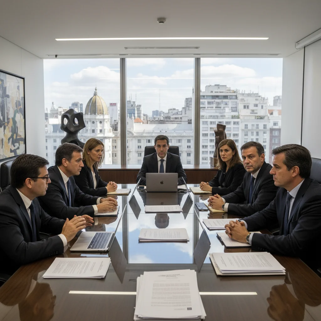 A professional corporate office setting in Argentina, featuring a diverse group of adult business professionals in a meeting room, discussing disciplinary procedures with serious expressions, evoking themes of corporate governance and complaint resolution. The scene includes Argentine cultural elements like a flag or Buenos Aires skyline in the background, all adults only, no children present.