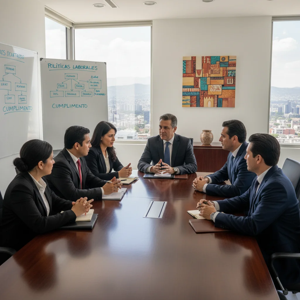 A photorealistic image of a professional business meeting in a modern Mexican corporate office, with diverse adult employees discussing work policies around a conference table, symbolizing internal work regulations. The scene includes elements like a whiteboard with charts, laptops, and a window view of a cityscape, conveying organization and compliance in a workplace setting. No children are present.