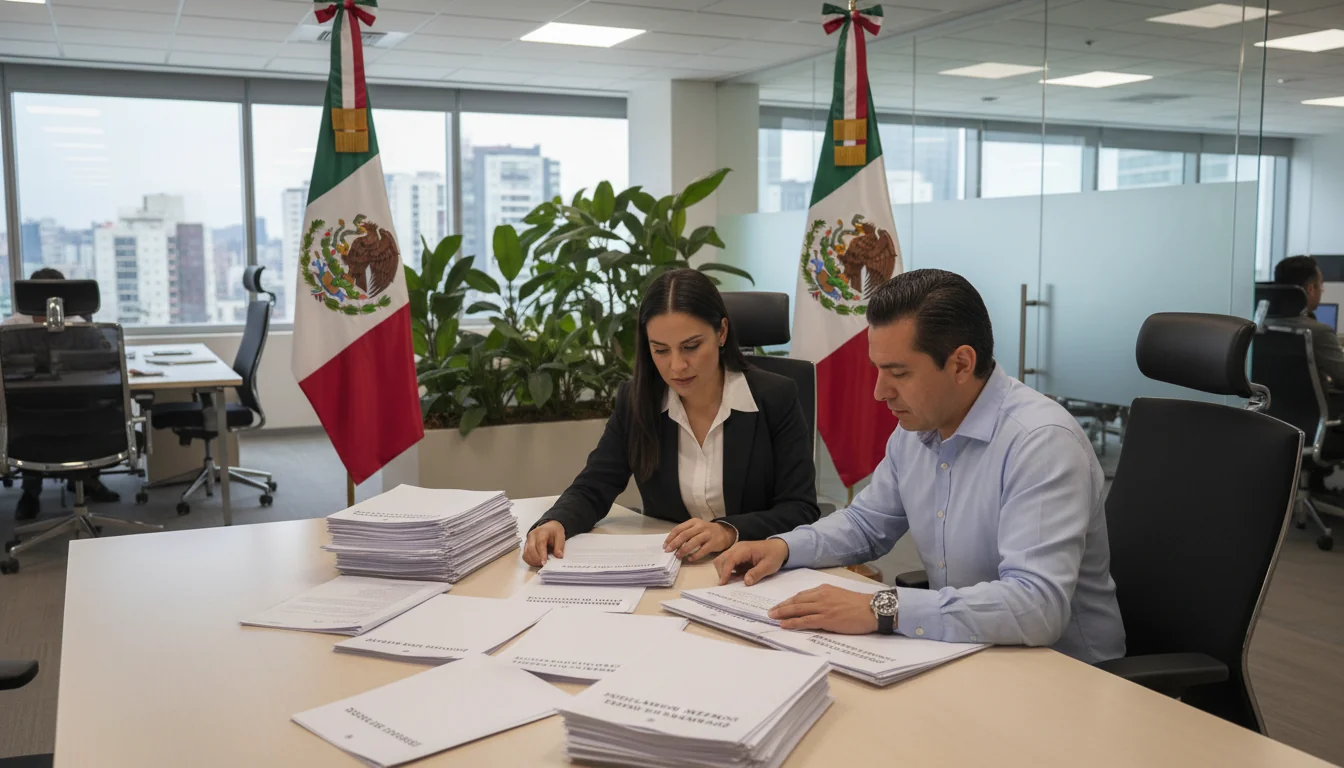 Mexican office workers reviewing documents
