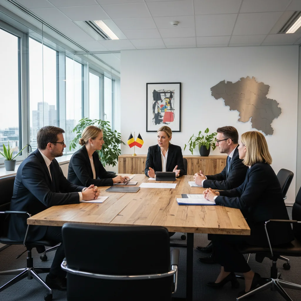 A professional office setting in Belgium depicting workplace discipline and grievance procedures, showing a diverse group of adult employees in a meeting room discussing policies with a manager, photorealistic style, no children present.