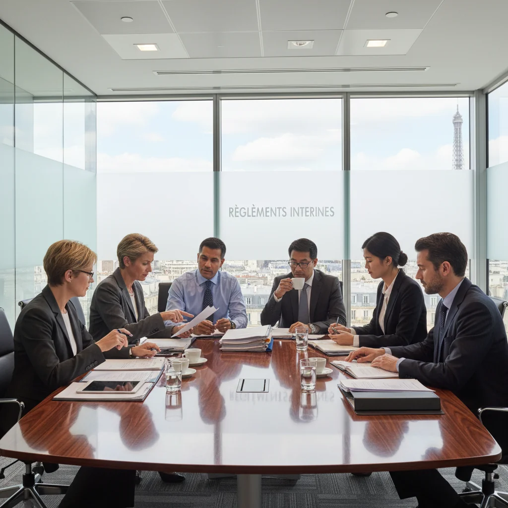 A photorealistic image depicting a professional business meeting in a modern French corporate office, where adults are discussing internal regulations and disciplinary procedures, symbolizing the purpose of corporate governance documents in France. No children are present.