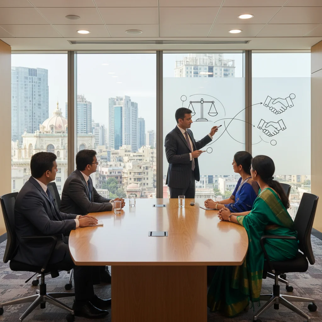 A professional corporate office environment in India, featuring diverse adult Indian professionals in business attire engaged in a formal meeting, discussing disciplinary procedures with serious expressions, symbolizing complaint resolution and organizational discipline, photorealistic style.
